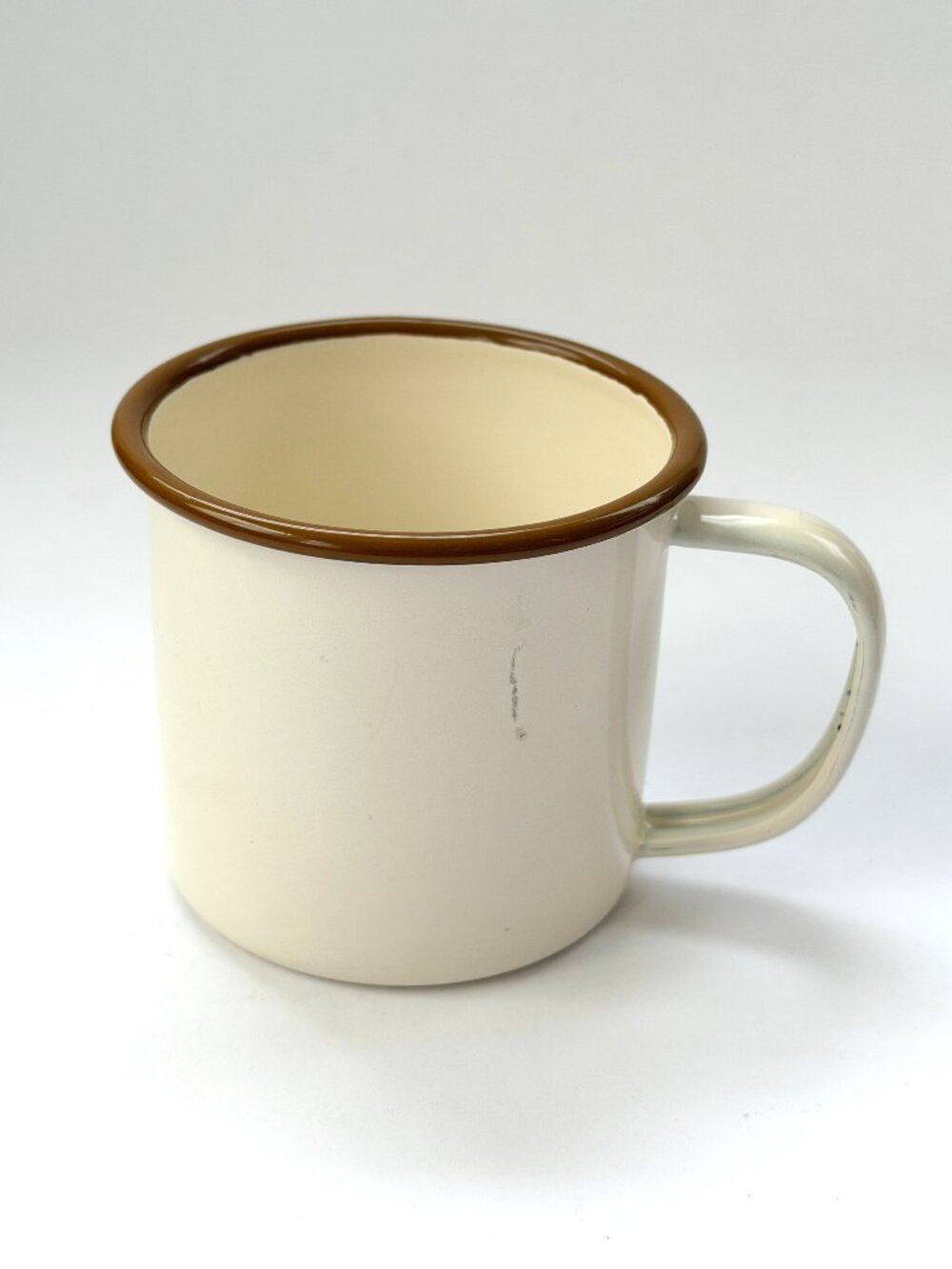 Vintage Cream Enamelware Camping Mug with Brown Rim